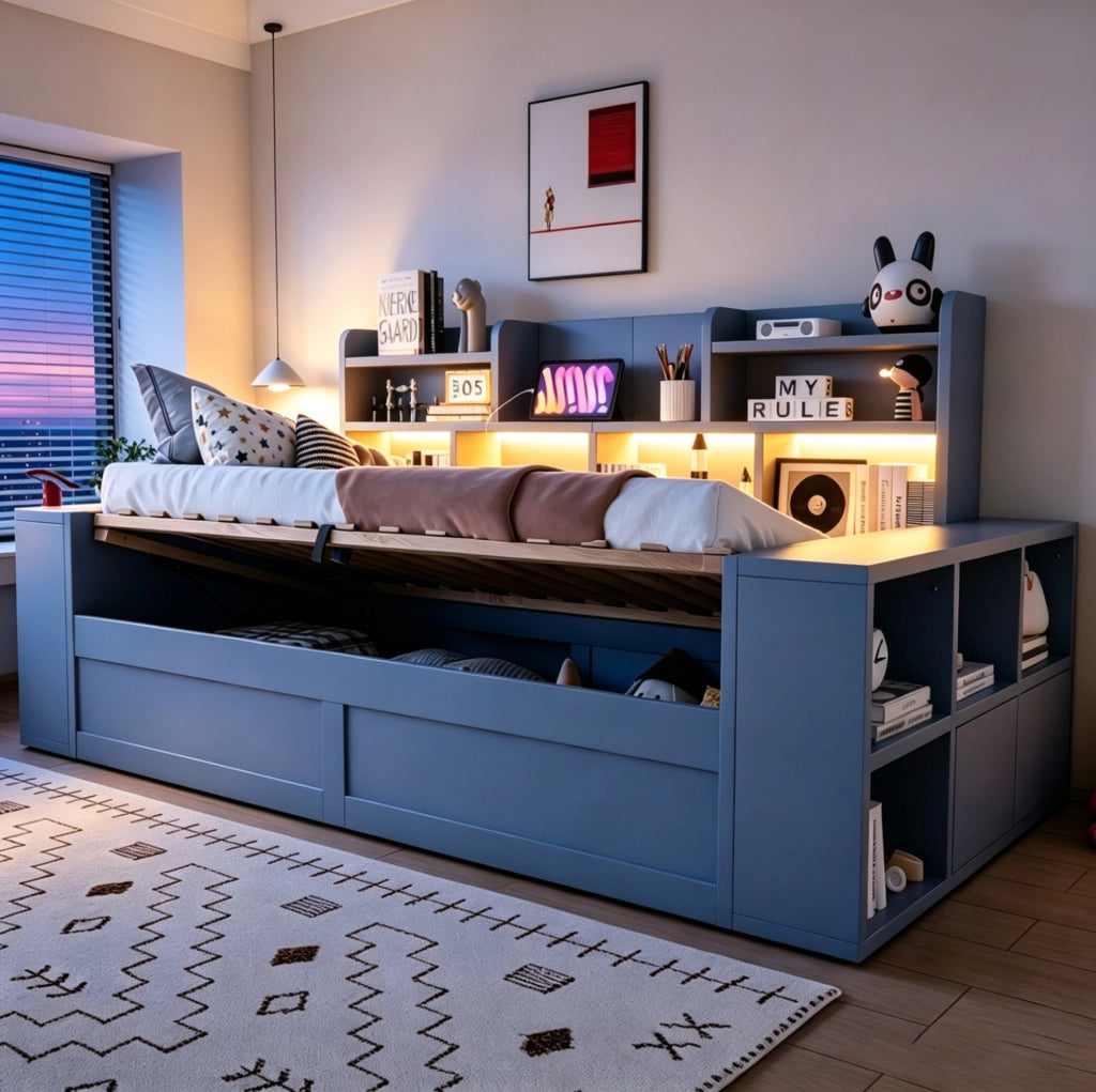 Divano letto 90x200 cm con contenitore idraulico, LED e prese in compensato e MDF grigio