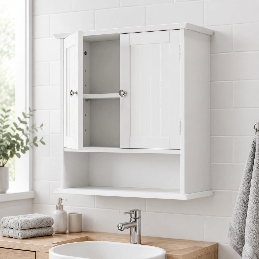 Armadio da bagno bianco a parete con doppie ante e ripiani regolabili, 54,6x19,8x59,9 cm