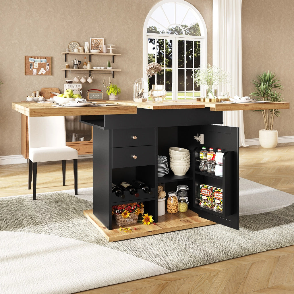 Tavolo allungabile con cassetto; ripiani regolabili e porta snack e vino in MDF nero e naturale 110-140 × 80 × 75 cm