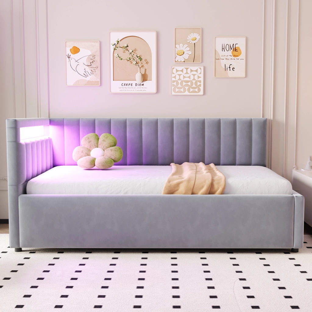 Letto singolo imbottito 90 × 200 cm con LED vano contenitore idraulico velluto grigio rete a doghe