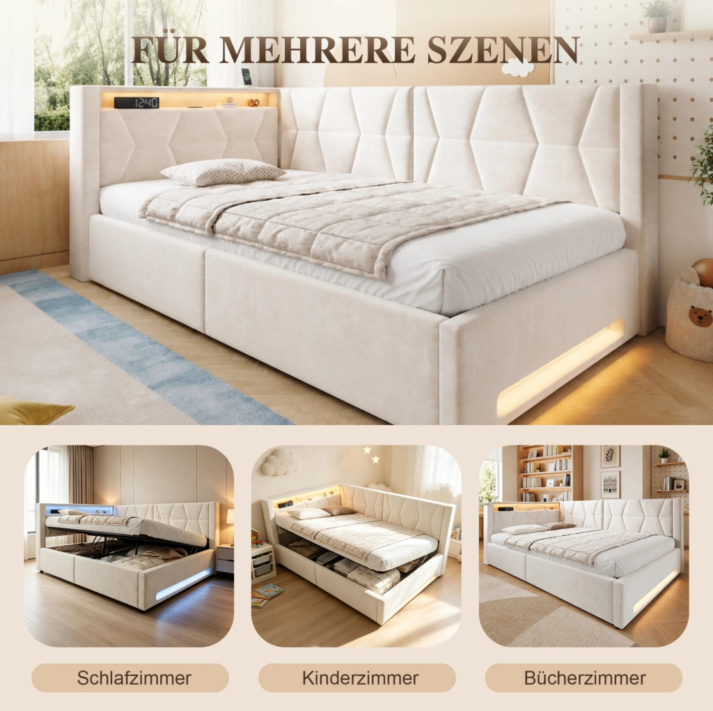 Letto imbottito beige 90 x 200 cm con contenitore, LED, USB e Type-C