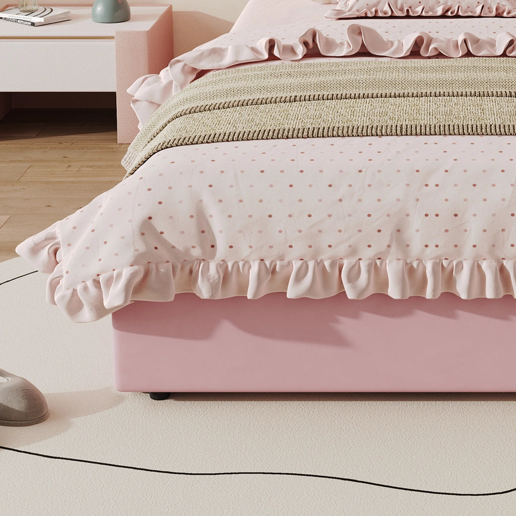Letto per bambini 90 x 200 cm con 4 cassetti e LED via app, letto singolo in velluto con testiera contenitore, rosa, design moderno