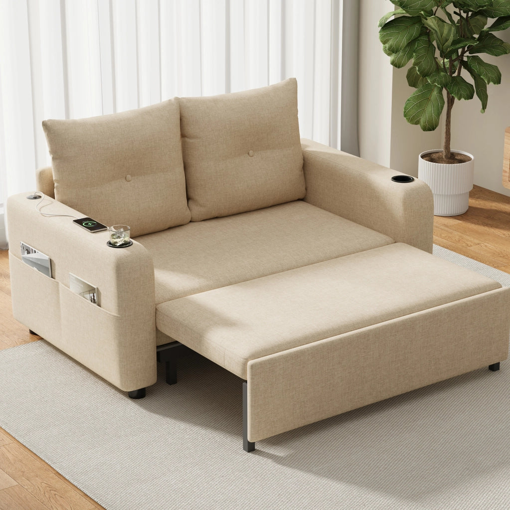 Divano Letto 3-in-1 Beige in Tessuto Effetto Lino con Porta Bicchieri e USB, 131x81x94 cm