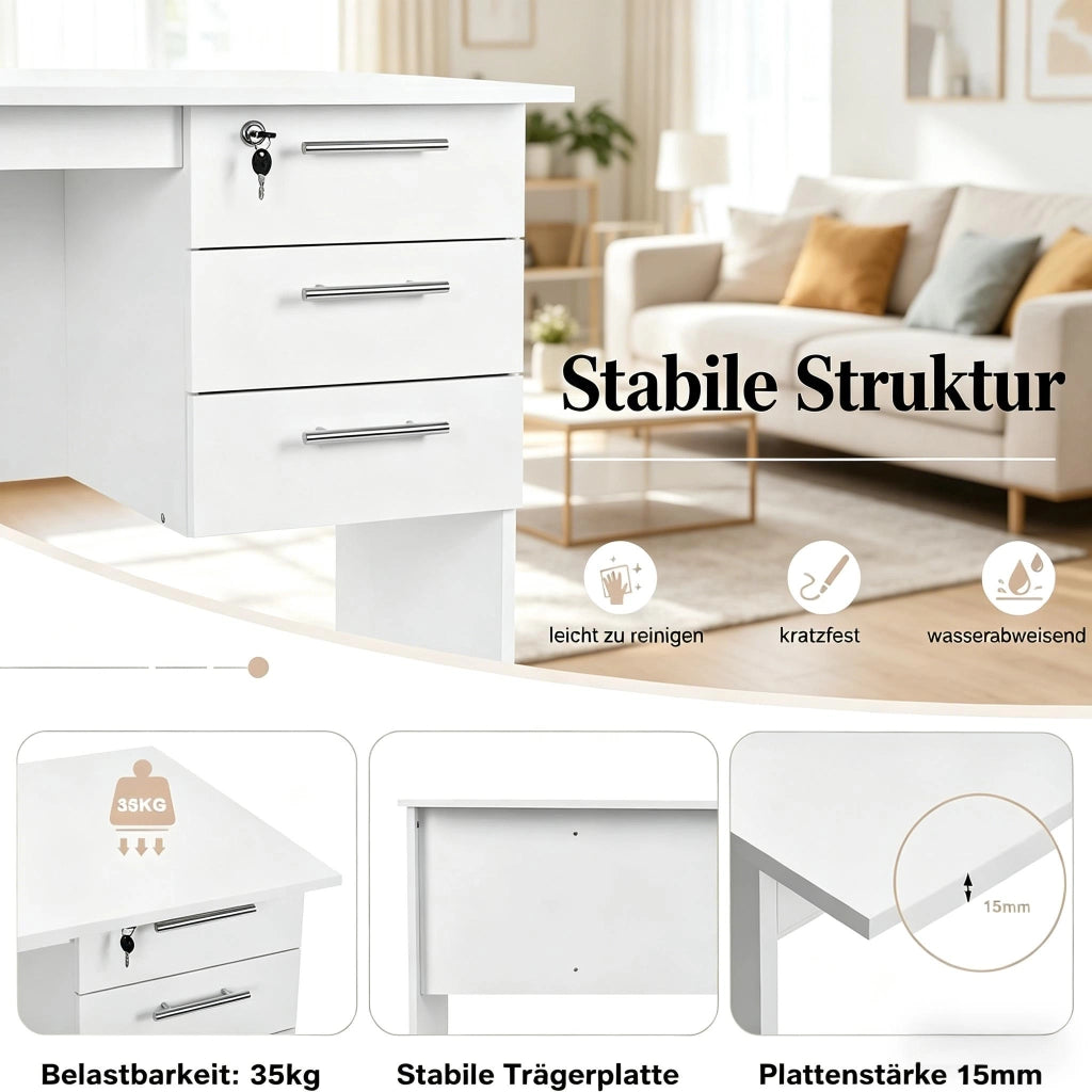 Scrivania dritta per computer con 3 cassetti e serratura, per ufficio e studio, in legno bianco, 120 × 59 × 75 cm