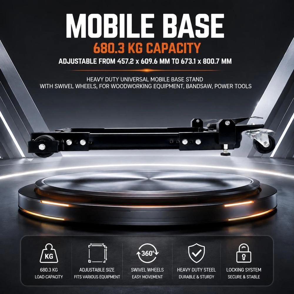 Mobile Base, 1500 Lbs Capacity, Adjustable From 18" X 24" To 26.5" X 31.5", Robust Universal Mobile Base With Swivel Casters, For Woodworking Equipment, Band Saws, Power Tools, And Machinery.