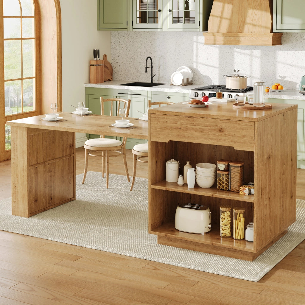 Isola da cucina con tavolo estraibile LED controllabile tramite app e telecomando in MDF colore legno 122-195 cm