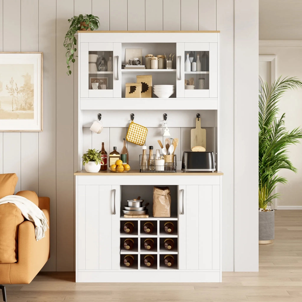 Credenza da cucina con vetrina 175 cm, mobile porta piatti con ripiano vini e appendiabiti, per cucina, sala da pranzo e soggiorno