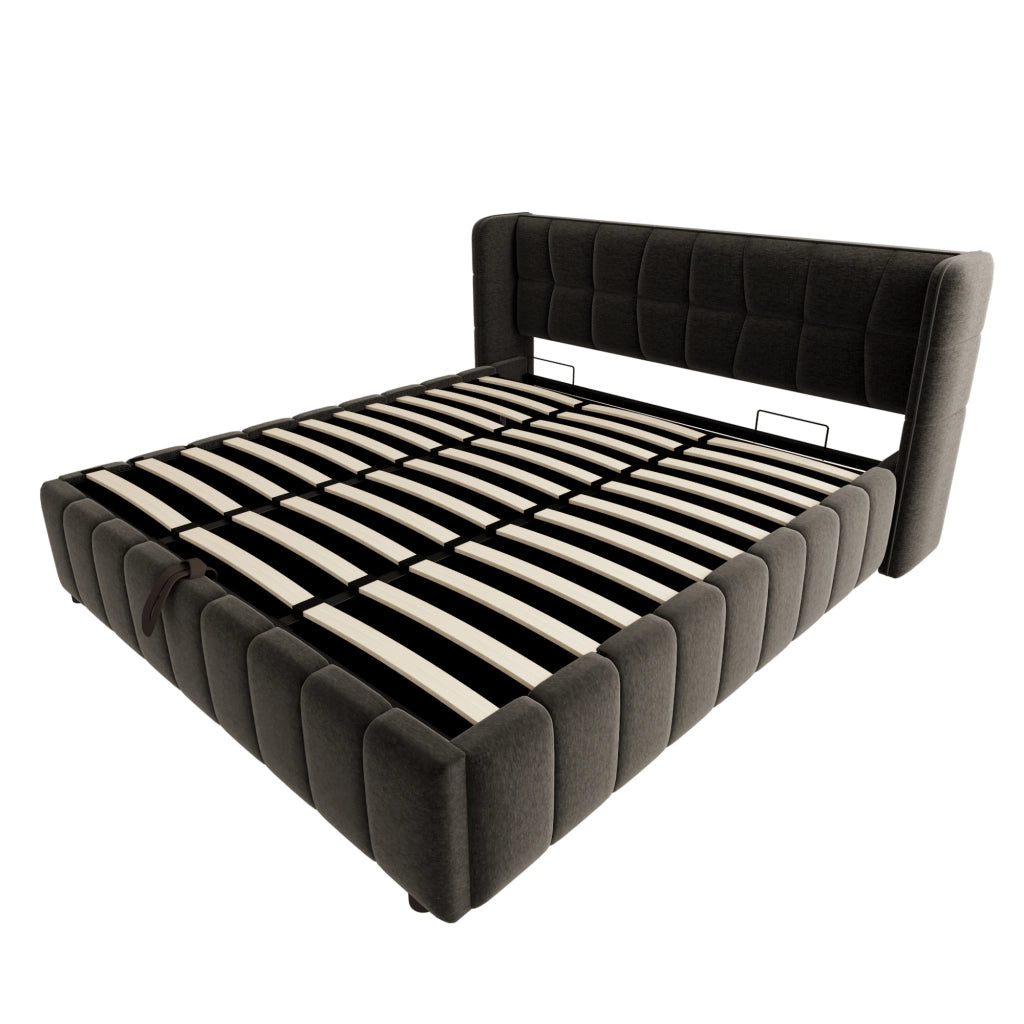 Letto matrimoniale 180 × 200 cm 2 posti con contenitore sollevabile, senza materasso, in tessuto grigio