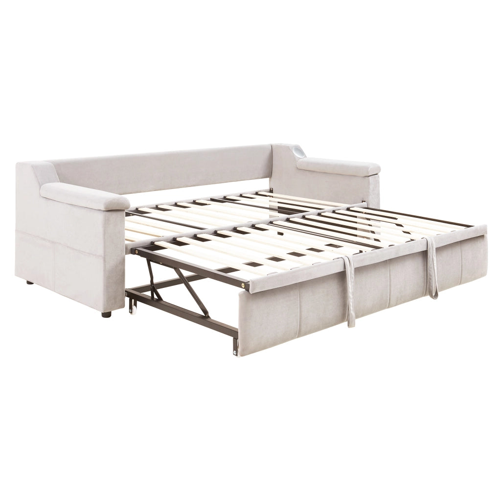 Divano letto imbottito in velluto beige 90x190 cm con braccioli spaziosi, stereo Bluetooth e ricarica USB