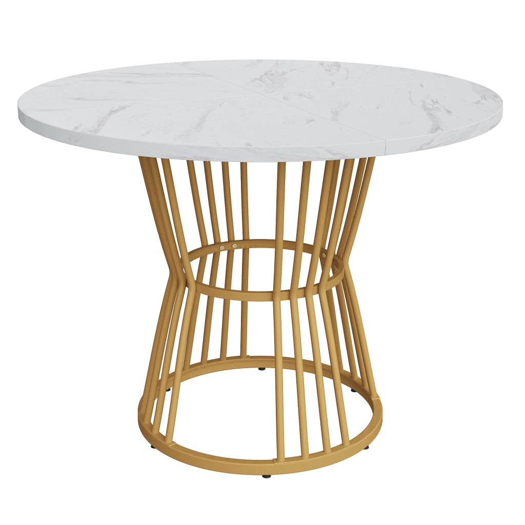 Set tavolo da pranzo rotondo 100 cm, piano MDF bianco e gambe metallo oro, con 4 sedie in velluto nero, 5 pezzi