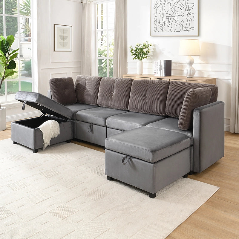 Divano modulare a U 6 posti 261 cm trasformabile in L e letto; velluto grigio antico