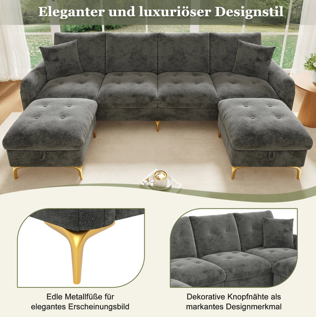 Divano modulare a U 4 posti con 2 pouf contenitori e 2 cuscini decorativi, dimensioni totali 263×137×85 cm, grigio
