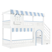 Letto a castello 90x200 cm bianco e blu con scala contenitore e finestre decorative