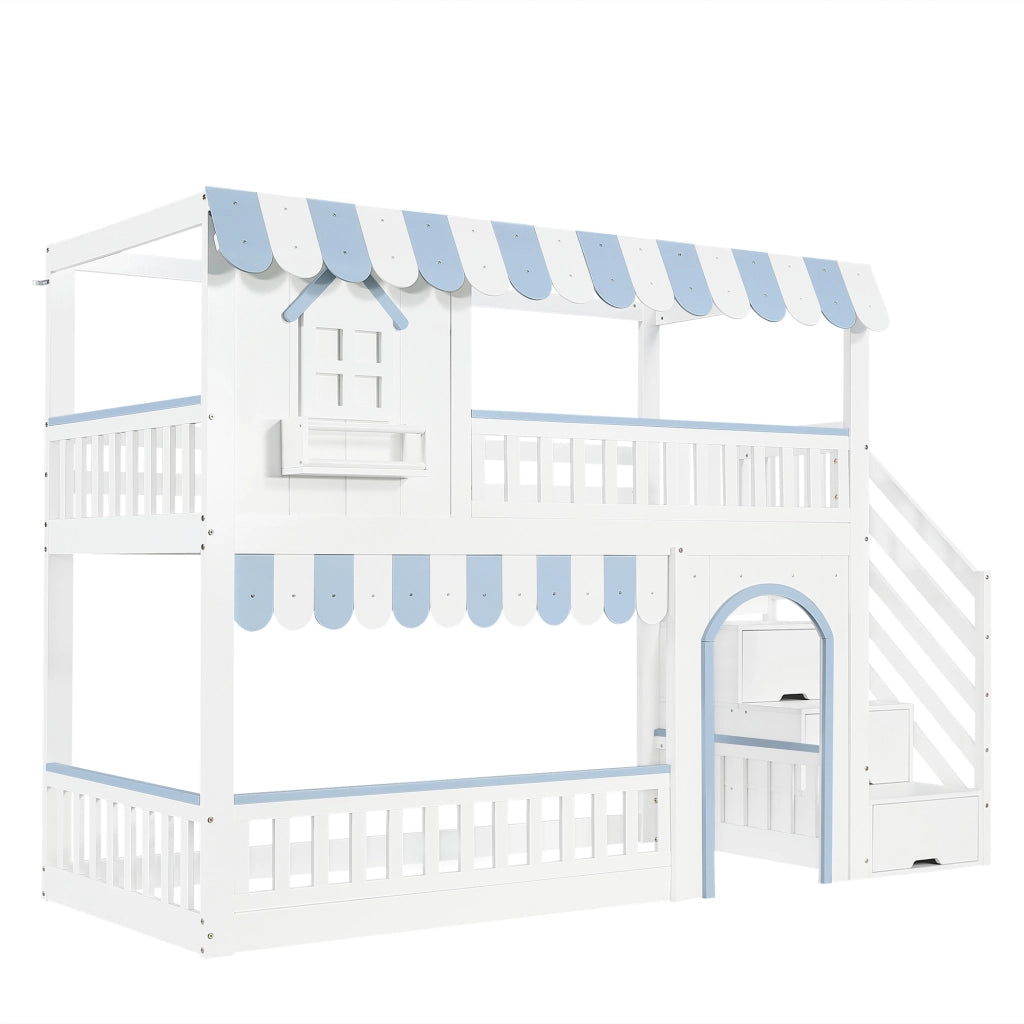 Letto a castello 90x200 cm bianco e blu con scala contenitore e finestre decorative
