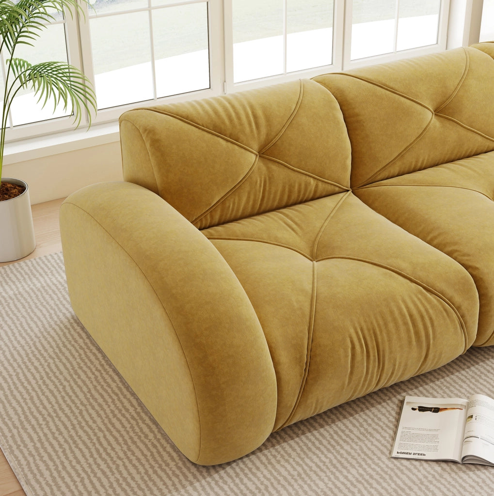 Divano modulare 2 posti in Chenille giallo con 2 pouf, senza struttura, ideale per soggiorno e appartamenti