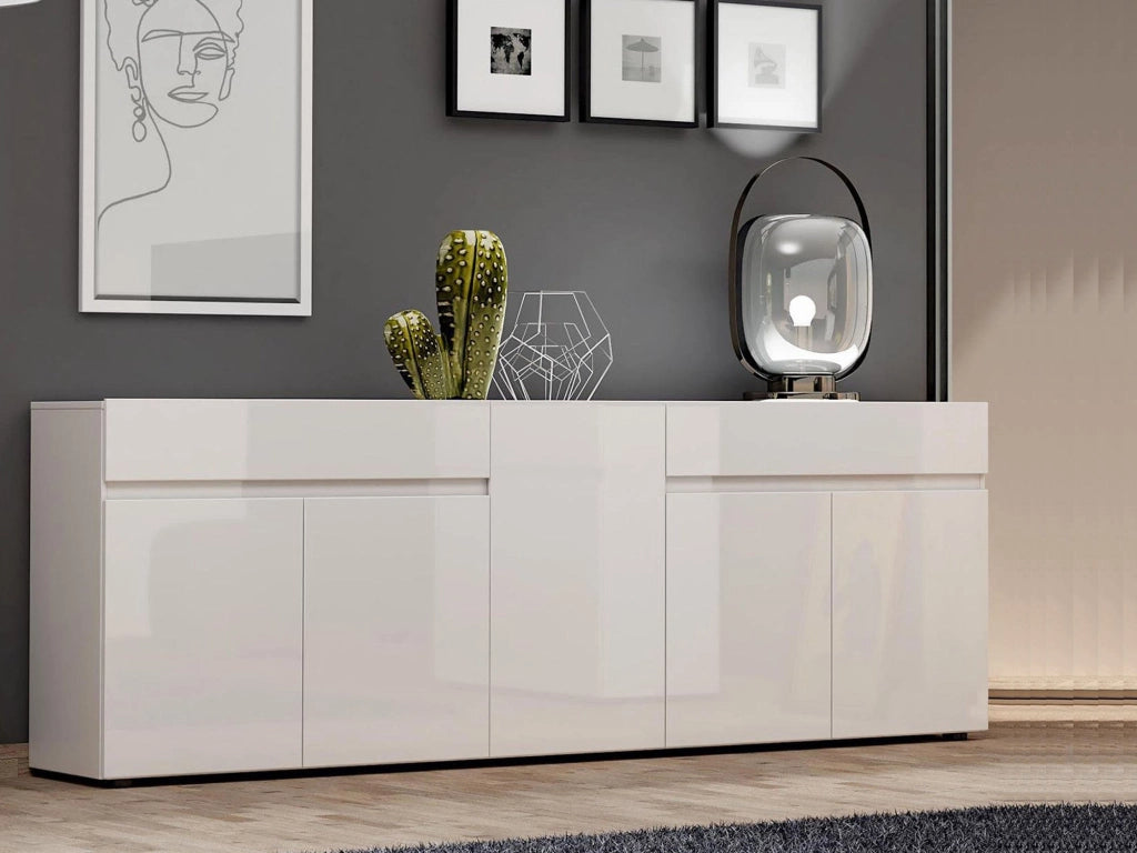 Credenza Elenia, Buffet da soggiorno, Madia da salotto, Dispensa da cucina, Made in Italy, 225x38h79 cm, Bianco lucido