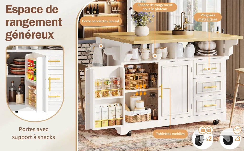Isola Cucina Multifunzionale su Ruote con Estensione Tavolo Regolabile, Piani Ribaltabili Lato Doppio, Ante a Motivo Verticale, Ampio Spazio con Cassetti