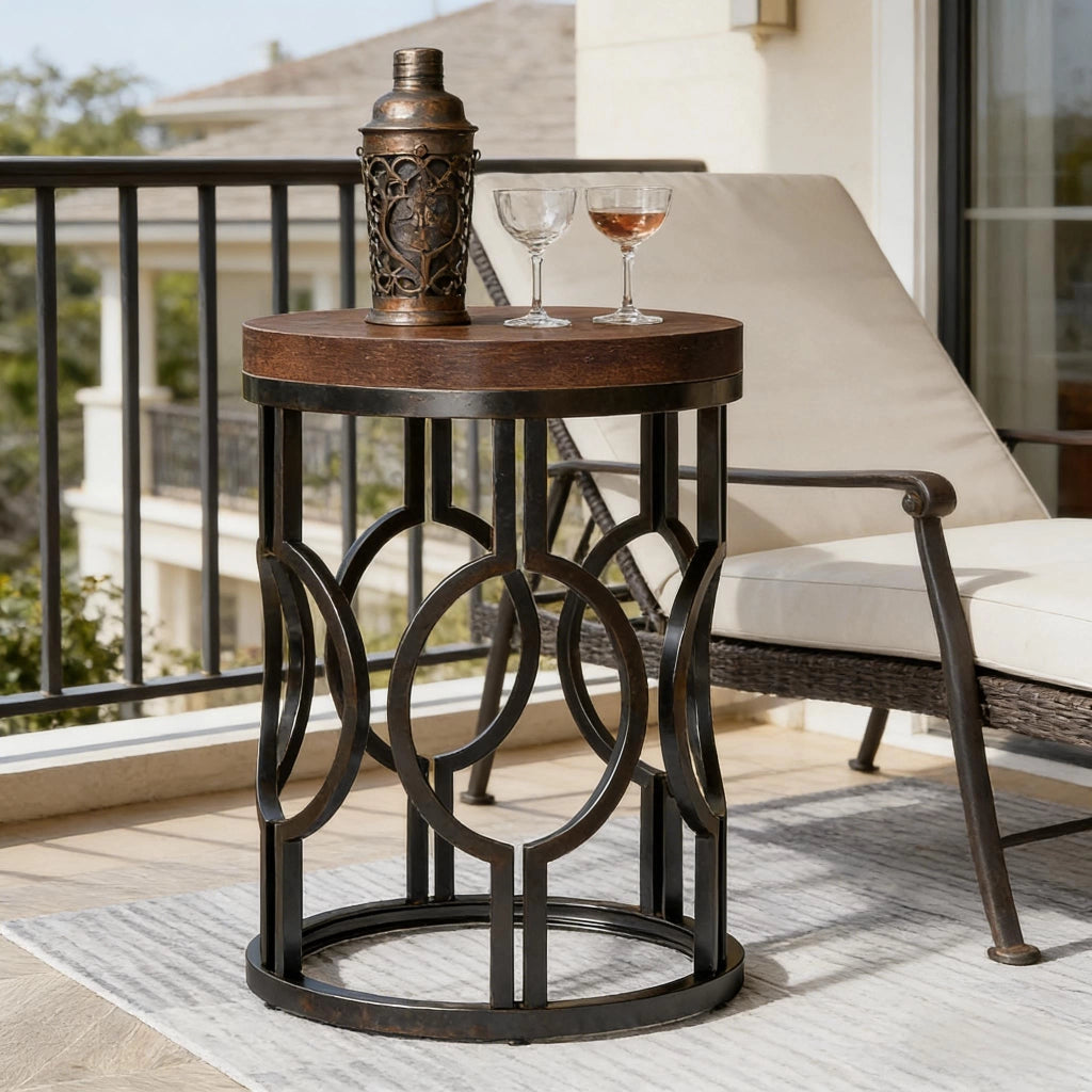 Tavolino rotondo Ø45 × 50 cm in MDF e metallo con piano marrone rustico e struttura nera