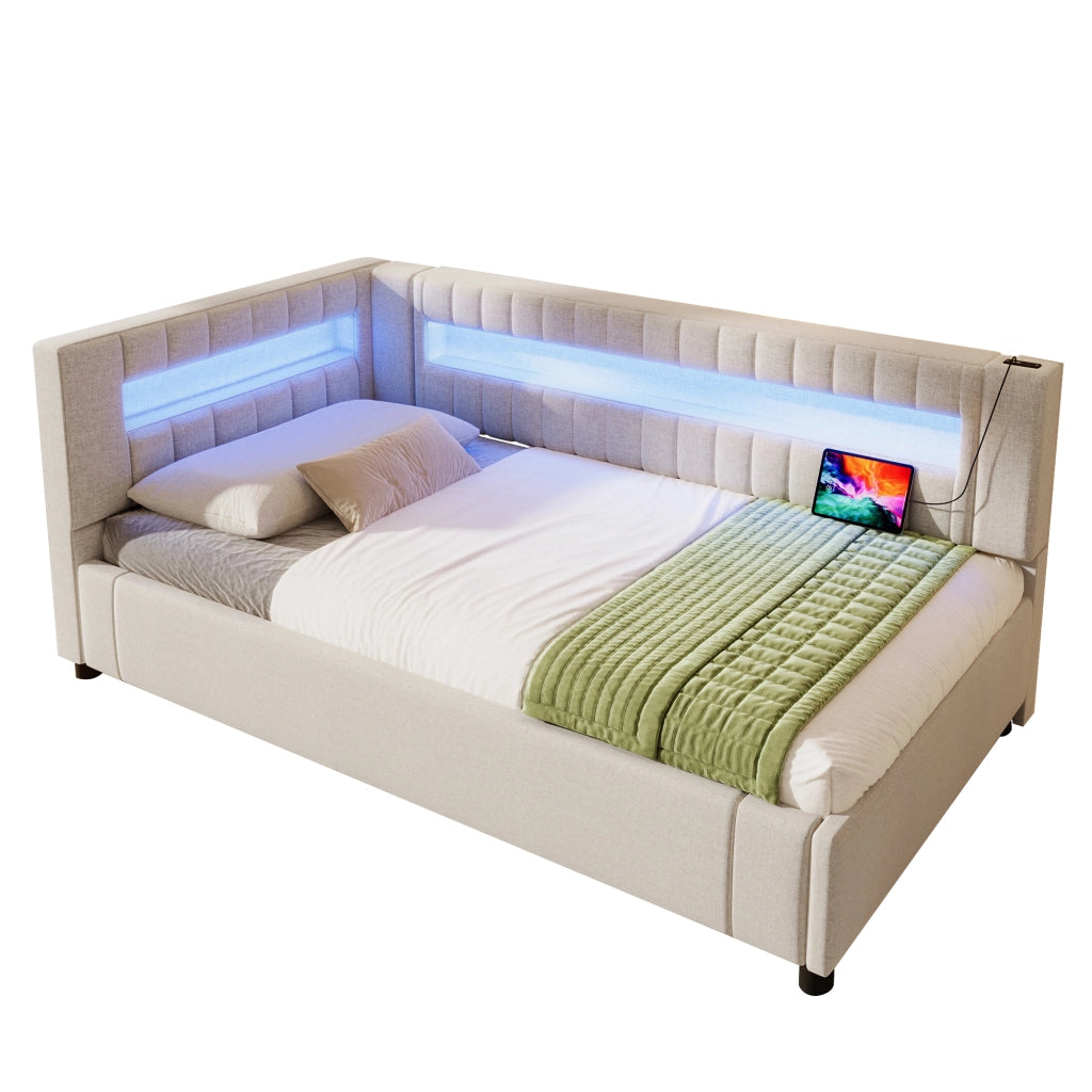 Letto divano 90x200 cm con contenitore con contenitore idraulico; LED; luce ai piedi; USB e Type-C; lino; beige