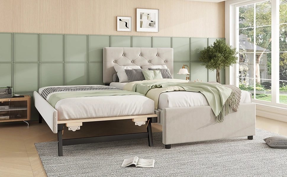 DESMIU Letto estraibile Letto singolo 90 × 200 cm 1 posto con letto aggiuntivo, senza materasso, velluto, beige