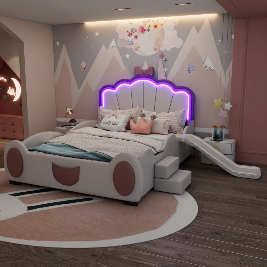Letto per bambini a farfalla con LED e scivolo 140x200 cm