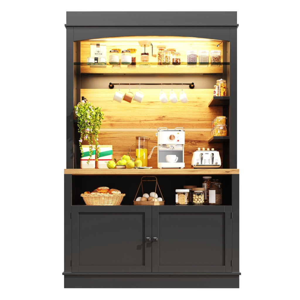 Credenza da cucina alta con ripiani LED, 2 ante e 6 ganci, per cucina e soggiorno, nera, 107 × 43 × 184 cm