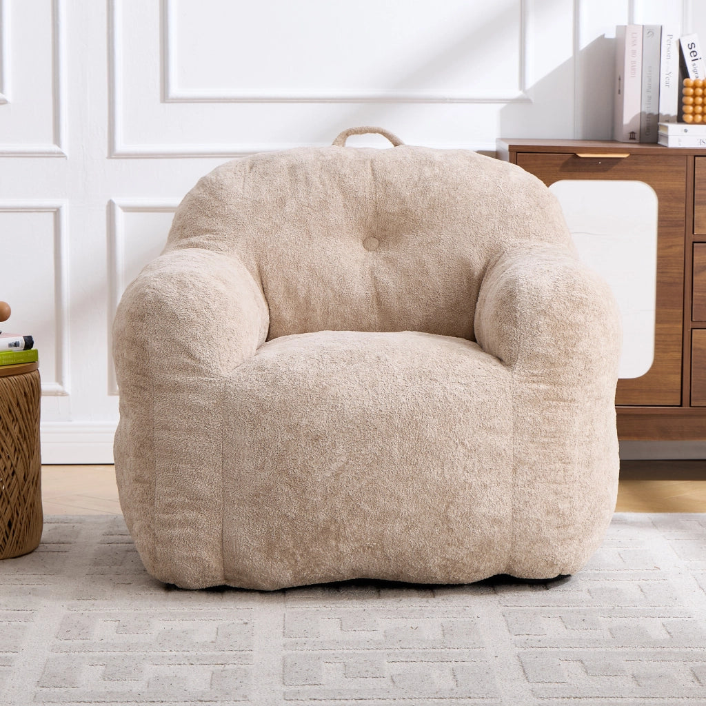Poltrona pouf ergonomica con braccioli e schiuma sminuzzata, in pelliccia sintetica beige, 49 × 45 × 33 cm