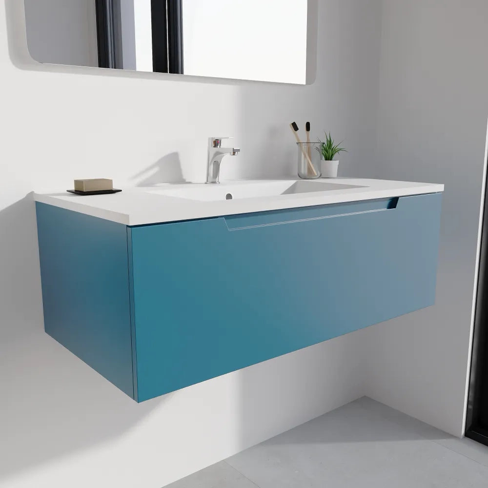 Mobile bagno sospeso 90cm dusk blue opaco un cassettone con lavabo bianco opaco | Bako