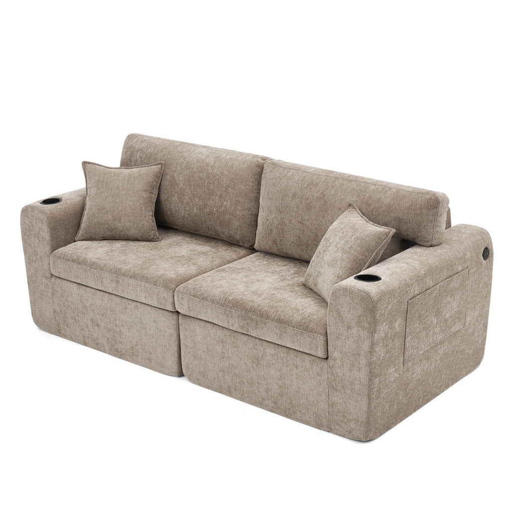 Divano 2 posti relax in chenille con USB; tasca laterale; portabevande e cuscini; marrone