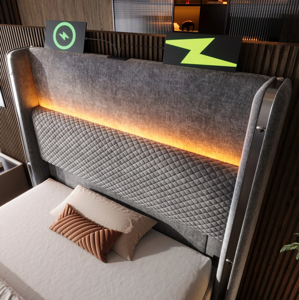 Letto singolo idraulico con testiera alta, LED e porte USB/Type-C