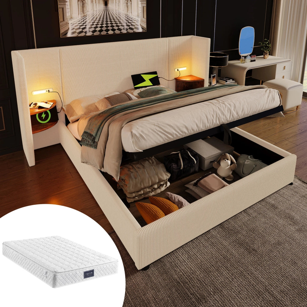 Letto matrimoniale 160×200 cm con vano idraulico, mensola, lampada touch USB e Type-C, materasso incluso, beige