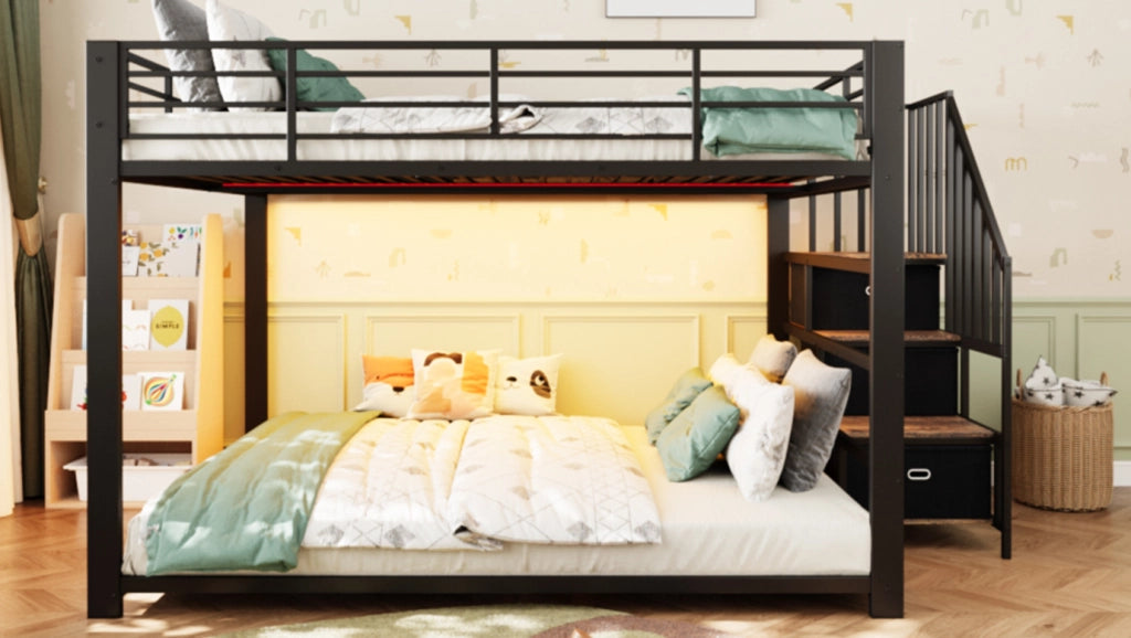 Letto a castello in metallo 140x200 cm con scala reversibile, contenitori, illuminazione LED e prese USB, colore nero