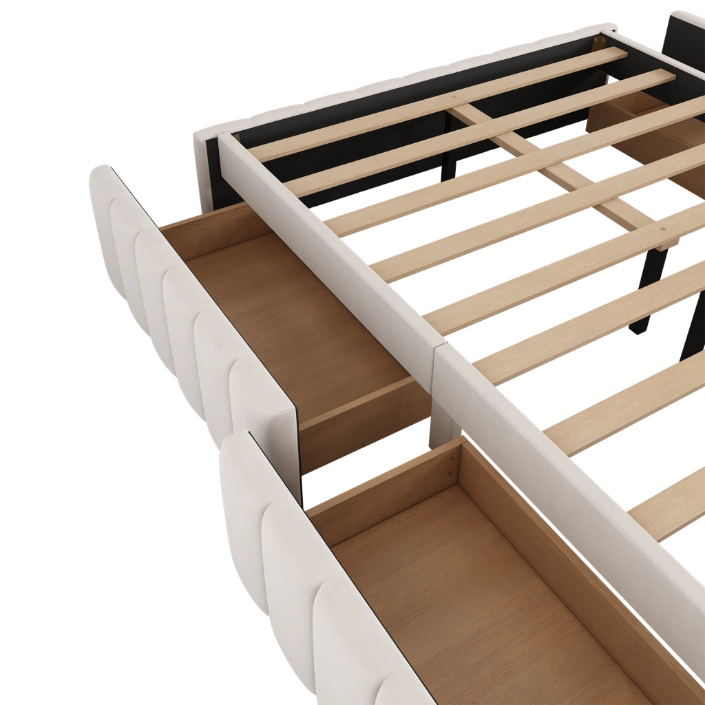Letto con cassetti 140 × 200 cm con rete a doghe senza testiera in velluto e MDF beige