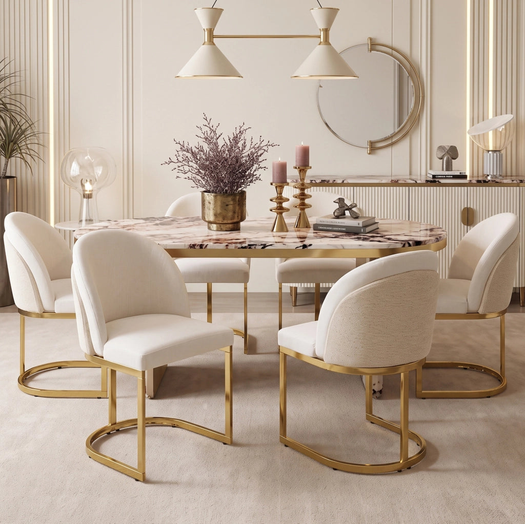 Set di 6 sedie da pranzo in chenille beige e oro