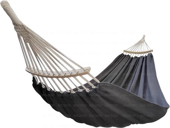 Hangmat a due posti - 220 x 150 cm - Lunghezza complessiva 330 cm - Capacità di carico 300 kg - Hangmat in cotone per esterno e interno - Rosso con asta di sostegno rimovibile - Grigio scuro