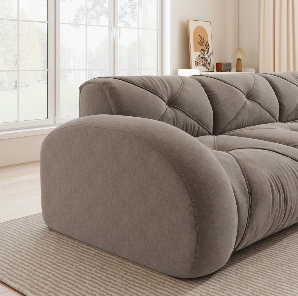 Divano modulare 2 posti taupe con 2 pouf, rivestimento in chenille senza struttura
