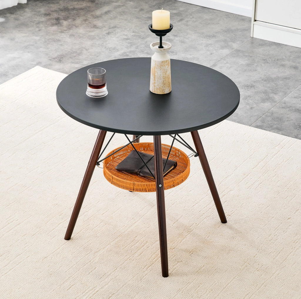 Tavolo da pranzo rotondo 80 cm nero noce MDF, cestino sospeso