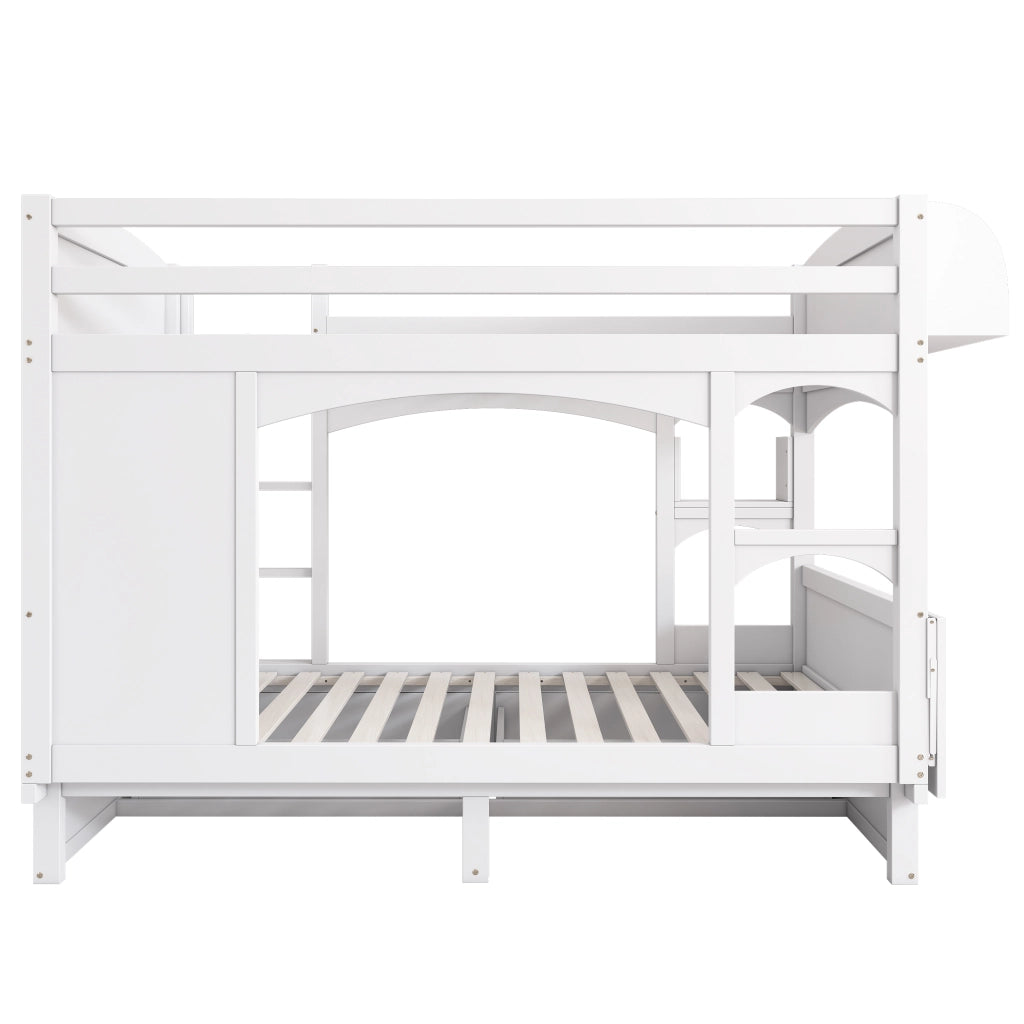 Letto a castello 90x200 cm con cassetti, scala, scrivania integrata in legno massello bianco