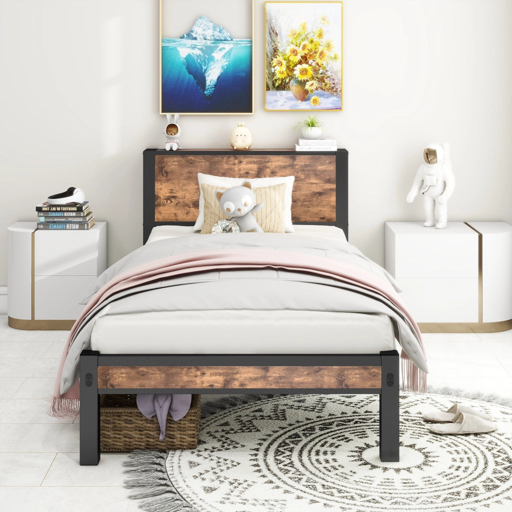Letto singolo 90 × 200 cm con testiera e pediera in MDF e metallo marrone antico con spazio sottoletto 27 cm