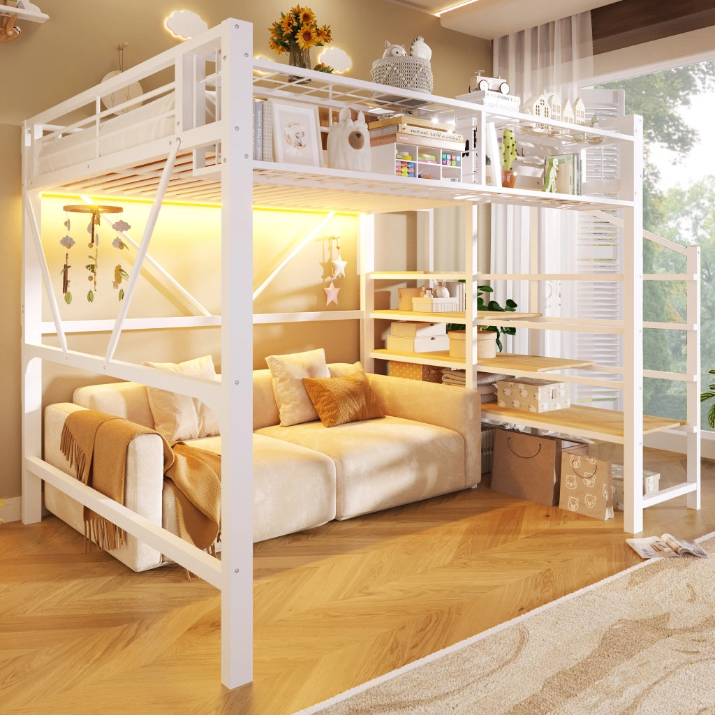 Hochbett 140x200 cm in metallo e MDF, con scala a ripiani, rete a griglia, contenitore e LED, bianco