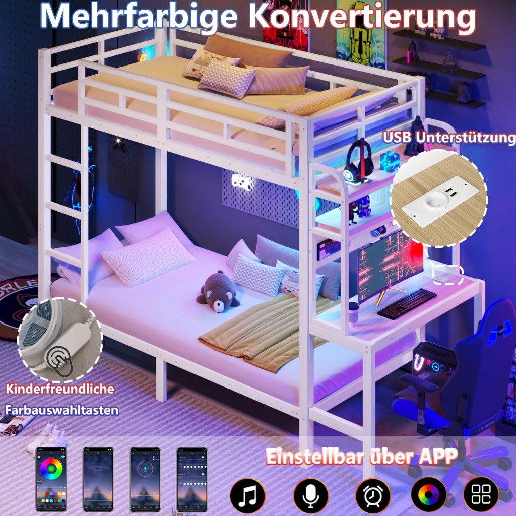 Letto a castello 90 × 200 cm con scrivania LED USB in metallo e MDF bianco con ripiani e scala