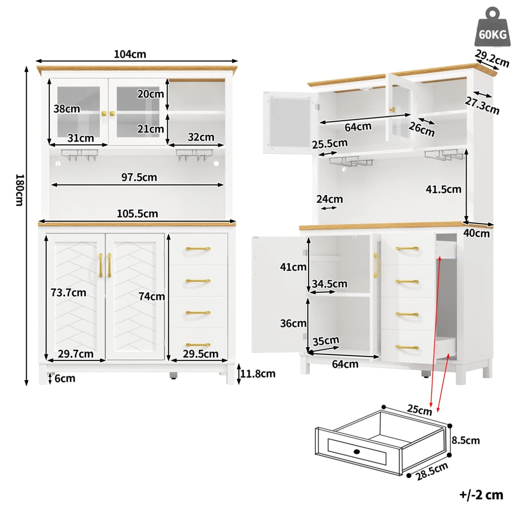 Buffet bianco in MDF con 4 porte, LED integrati e supporti per bevande, 105,5x40x180 cm