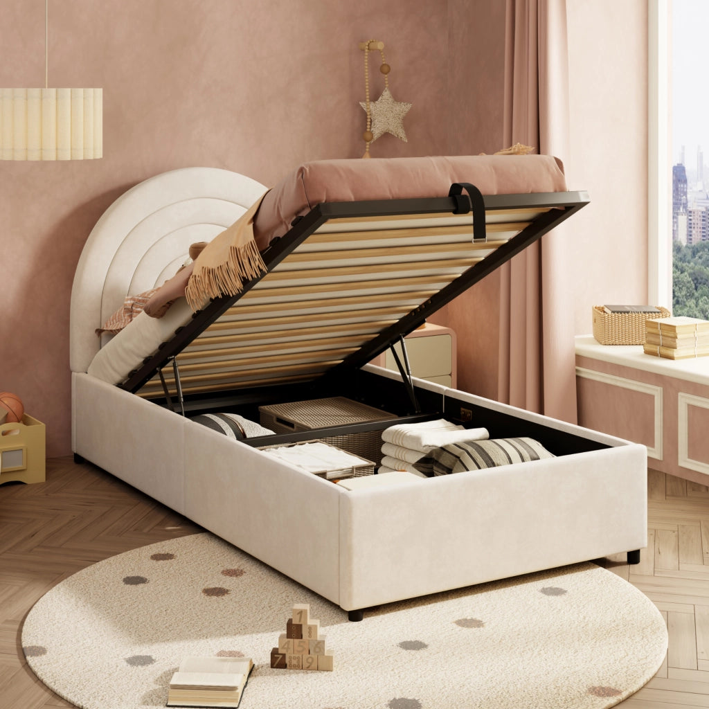 Letto 90cm*200cm con contenitore idraulico e testiera imbottita in velluto beige