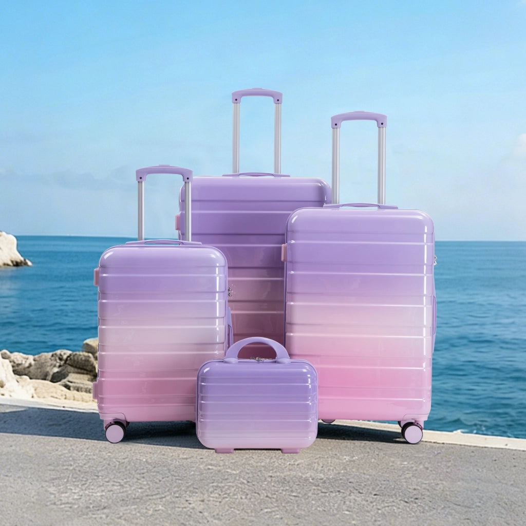 Set di valigie rigide 4 pezzi in PC viola con 3 trolley da 20. 24 e 28 pollici e beauty case da 14 pollici
