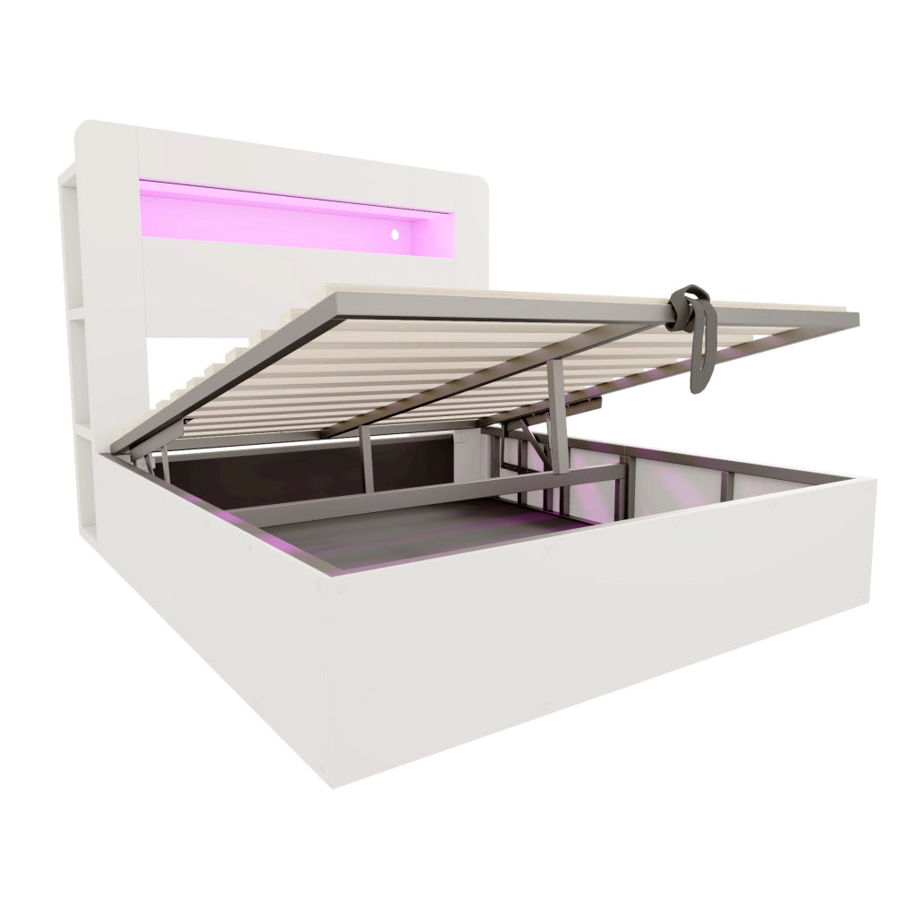 Letto matrimoniale contenitori in Legno 140x200 cm, Contenitore Idraulico, Testiera LED, Presa e Scomparti, Bianco Moderno, Senza Materasso