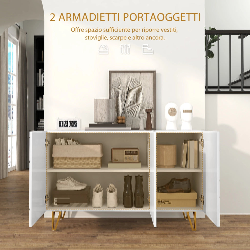 Credenza Moderna Mobile Contenitore per Casa con 2 Armadietti Ripiani Regolabili in Truciolato e Metallo 120x40x75 cm Bianco e Oro
