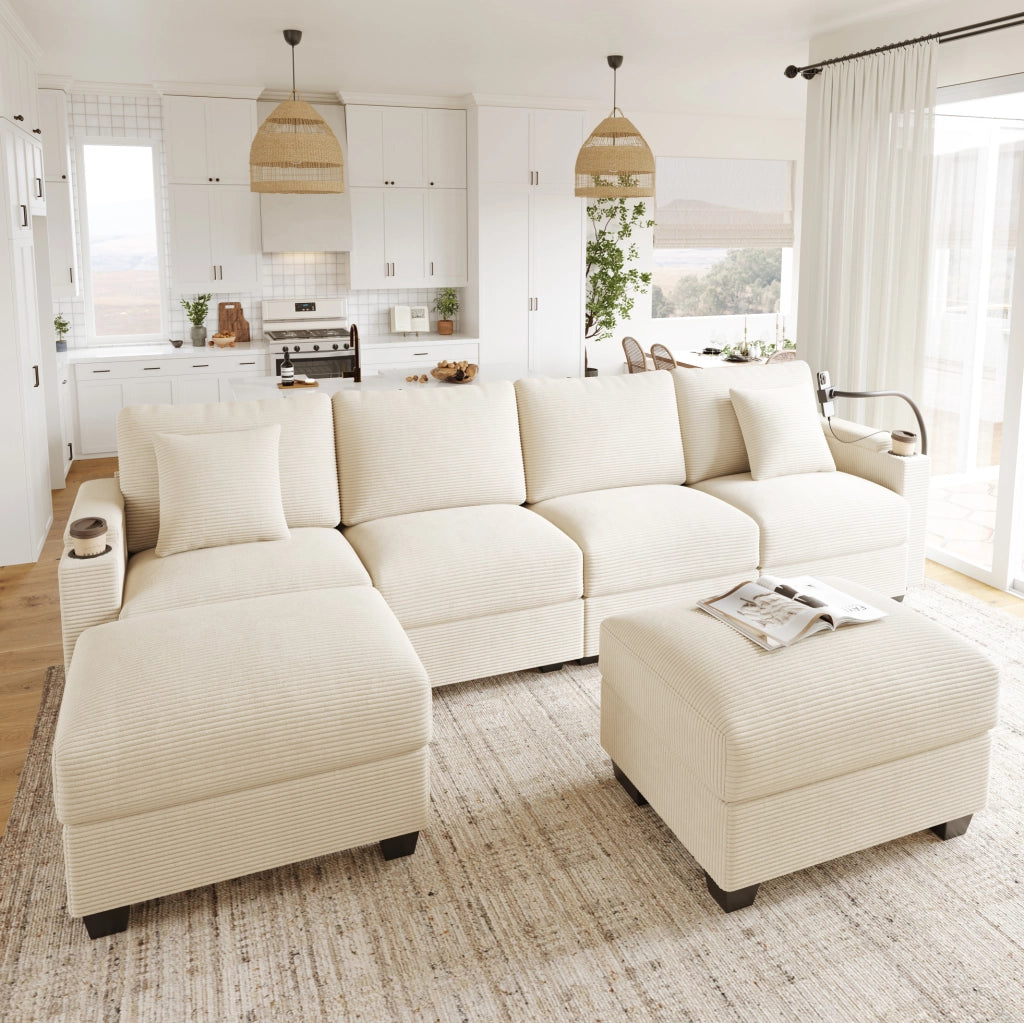 Divano modulare a U 275,5x139x87 cm in velluto a coste beige con vano