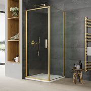Box doccia slim 90x90cm con porta a battente e parete fissa profili oro spazzolato e vetro 6mm trasparente anticalcare h190| Portofino