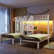 Letto a castello 90x200 cm in metallo e MDF con LED; scrivania; USB e presa; bianco