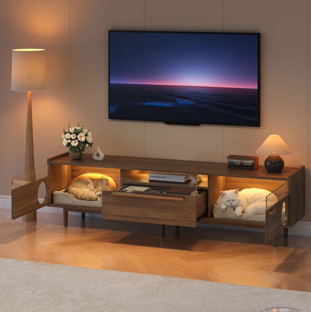 Mobile TV 180x40x50 cm con vano per gatti e illuminazione LED; MDF e vetro temperato; noce